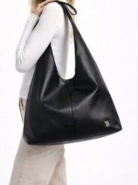 Victoria’s Secret Black Bow Tote Bag Slouchy Shoulder Purse Faux Leather